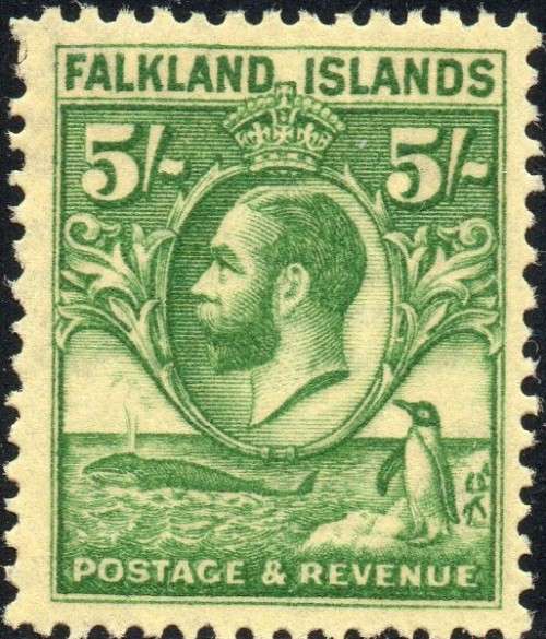 Falkland Islands SG124 5/- GREEN (on YELLOW) MM CV £100+ (2017)