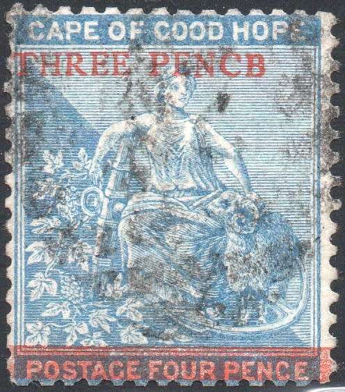 Cape of Good Hope 1879 : SACC29a : 3d on 4d Blue(WM Crown CC) FU `PENCB` for `PENCE` CV R5000