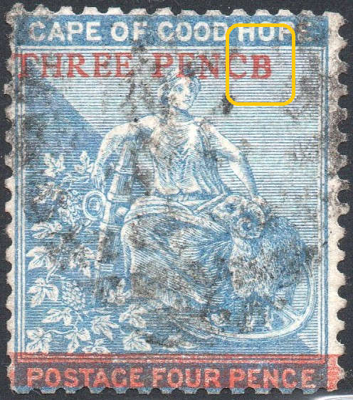 Cape of Good Hope 1879 : SACC29a : 3d on 4d Blue(WM Crown CC) FU `PENCB` for `PENCE` CV R5000