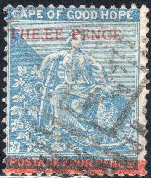 Cape of Good Hope 1879 : SACC29b : 3d on 4d Blue(WM Crown CC) FU `THE.EE` for `THREE` CV R5500