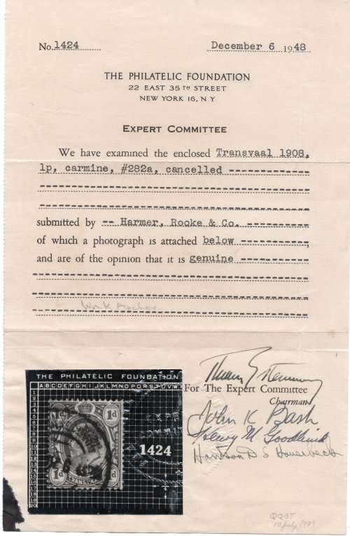 TRANSVAAL 1906 SG274b 1d Scarlet with error of watermark - CERTIFICATE - CV £325(2017)
