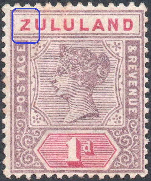 Zululand 1894-6 SACC15a  1d MAUVE and CARMINE WITH ``SHAVED Z``  MM CV R3500
