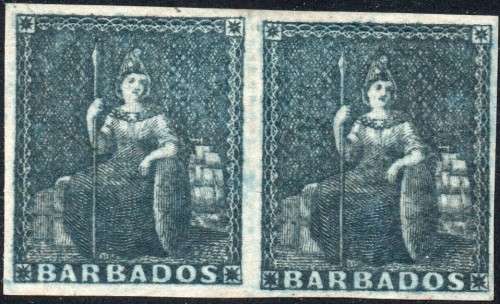 BARBADOS 1852-5 SG4(?) (1d) DEEP BLUE(?) IMPERF PAIR - MM