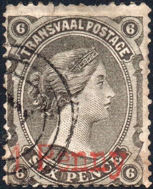 TRANSVAAL 1879 SACC166a 1d on 6d SURCHARGED IN RED - FINE USED - CV R3000+