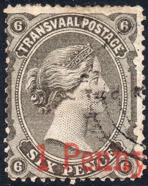 TRANSVAAL 1879 SACC168a 1d on 6d SURCHARGED IN RED VFU CV R10000
