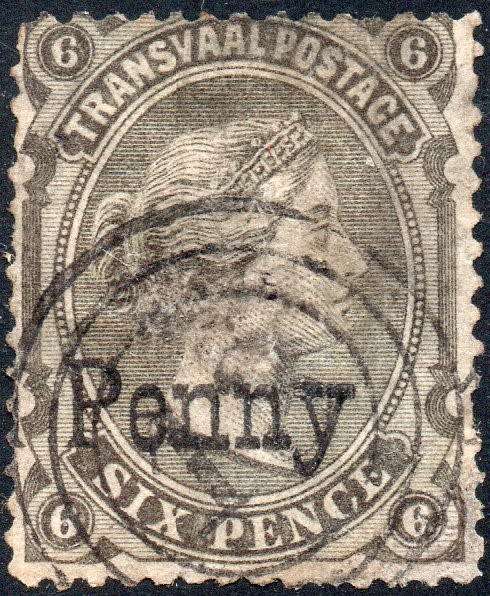 TRANSVAAL 1879 SACC166 or SACC168 : 1d on 6d SURCHARGED IN BLACK VFU