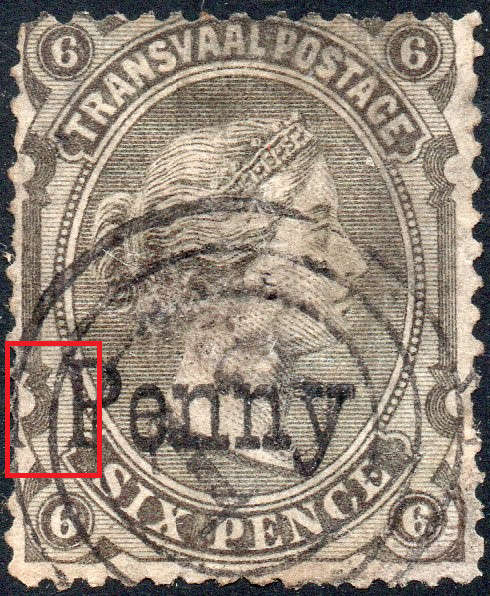TRANSVAAL 1879 SACC166 or SACC168 : 1d on 6d SURCHARGED IN BLACK VFU