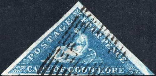 CAPE OF GOOD HOPE 1853 SACC2 - 4d BLUE ON DEEPLY BLUED PAPER - VFU - CV R5500+