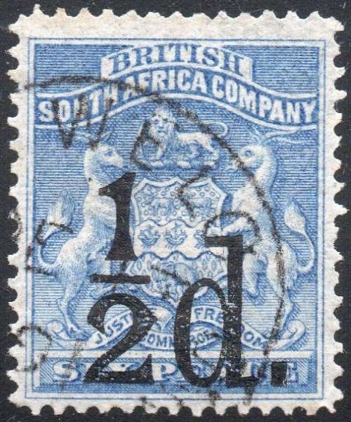 B.S.A.C./Rhodesia 1892 SG14 ½d on 6d Ultramarine VFU CV £475(2017)