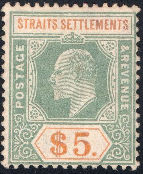 STRAITS SETTLEMENTS 1905 SG138 $5 DULL-GREEN & BROWN ORANGE - MM - CV £350(2017)