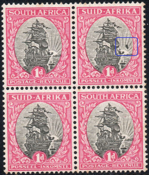 Union of SA - 1934 SG56 1d Grey and Carmine BO4 with `BIRD IN SUNRAYS` VARIETY  - UM