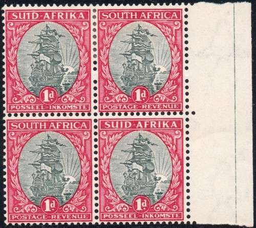 Union of SA - 1934 1d Grey and Carmine MARGINAL BO4 with `1` for ``I``  VARIETY  - MM/UM