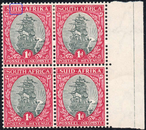 Union of SA - 1934 1d Grey and Carmine MARGINAL BO4 with `1` for ``I``  VARIETY  - MM/UM