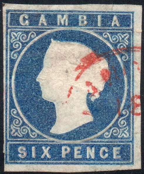 Gambia 1874 SG7w 6d DEEP BLUE IMPERF WITH INVERTED W/M - VFU -  CV £400