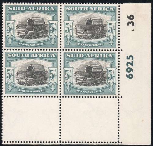 UNION OF SA 1949 SACC121(var) 5/ BLACK and PALE BLUE-GREEN MARGINAL CONTROL BO4 - RAIN FLAW - UM/MM