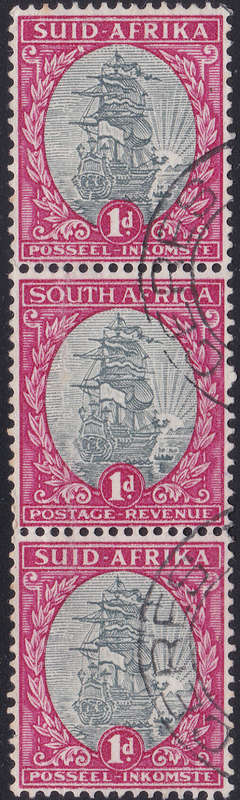 Union of SA - UHB45 1d Grey and Carmine strip of 3 - ``BUD AT TIP OF LEFT WREATH`` VARIETY  - VFU