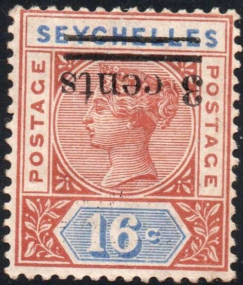 SEYCHELLES 1901 3c on 16c WITH INVERTED SURCHARGE - CV £700(2017)