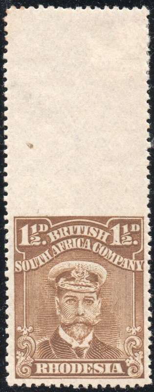 B.S.A.C. / RHODESIA 1919 SACC206(var) 1½ BISTRE-BROWN P15 - IMPERF TOP MARGIN - SCARCE