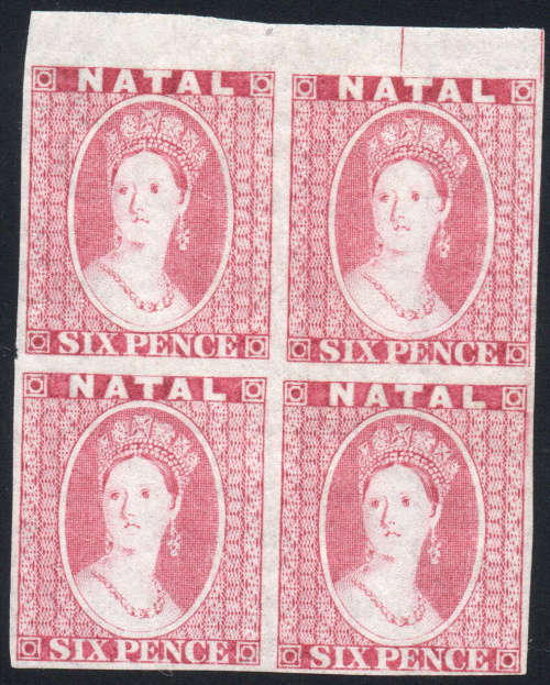 NATAL - 6d ROSE MARGINAL IMPERF PROOF BLOCK OF FOUR - SCARCE
