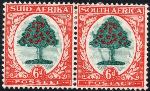 Union of SA : 1937 SACC60c(var) 6d GREEN & VERMILLION - ``FALLING LADDER`` VARIETY`` MM(HR)