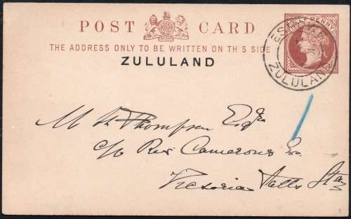 ZULULAND 1894 - POSTCARD ESHOWE ZULUAND TO VIC FALLS MISSION STATION, RHODESIA - RARE - SEE SCANS