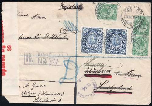 SWA FORERUNNER - 1917 REGISTERED COVER WINDHUK TO BERN, FORWARDED TO HANOVER - SEE BELOW