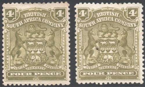 BSAC / RHODESIA 1898-1908 SACC74 4d OLIVE - 2 SHADES MM CV R1100