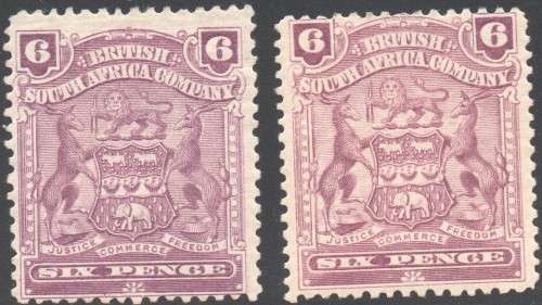 BSAC / RHODESIA 1898-1908 SACC75-76 6d REDDISH-PURPLE & REDDISH-MAUVE - MM CV R1500
