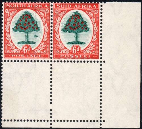 Union of SA SACC60c(var) 6d GREEN & VERMILLION CORNER MARGINAL``MOLEHILL VARIETY`` SUPERB UM