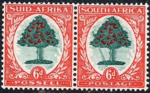 Union of SA : 1937 SACC60c(var) 6d GREEN & VERMILLION - ``FALLING LADDER`` VARIETY`` MM(HR)
