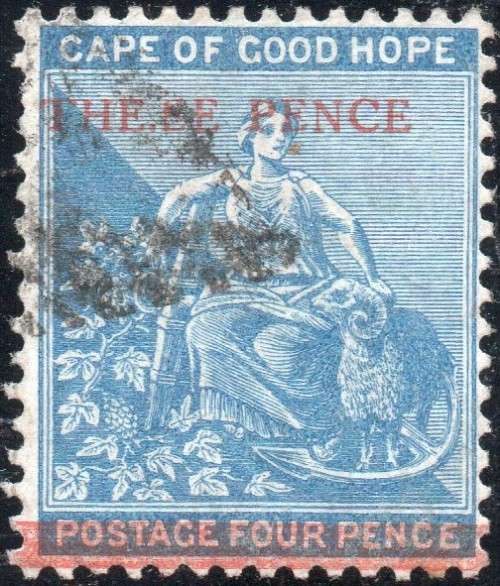 Cape of Good Hope 1879 : SACC29b : 3d on 4d Blue(WM Crown CC) FU `THE.EE` for `THREE` CV R5500