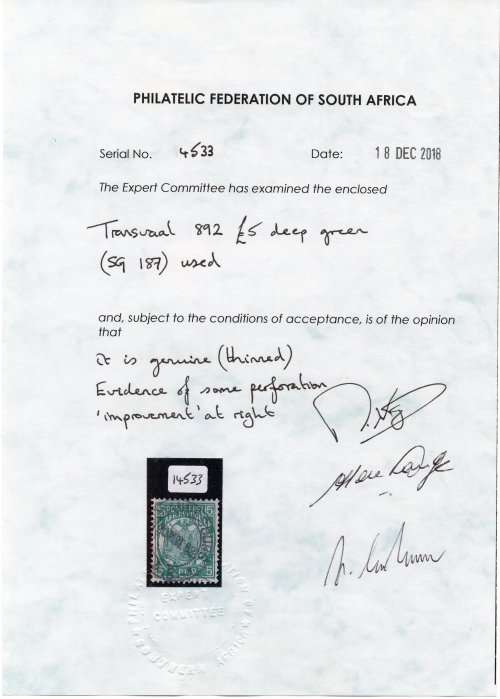 Transvaal 1892 : SACC190 : £5 DEEP GREEN  - VFU - PFSA CERTIFICATE(2018)