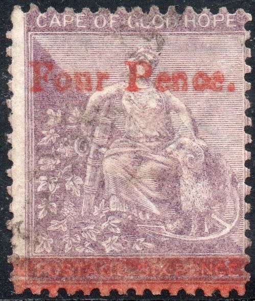 Cape of Good Hope 1868 : SACC22b : 4d on 6d Deep Lilac with ``FONR`` for ``FOUR`` -VFU -  CV R14000