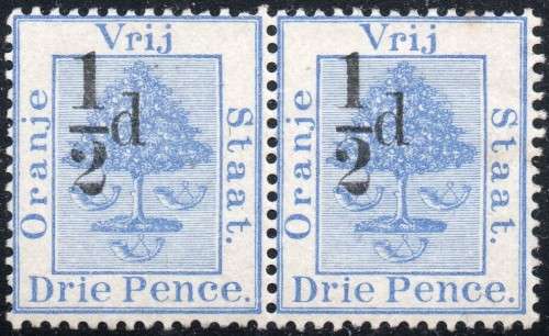 OFS 1868-94 SG71 ½d on 3d ULTRAMARINE PAIR , O/P TYPE ``c`` - MM/UM - 2017 CV £26 AS SINGLES