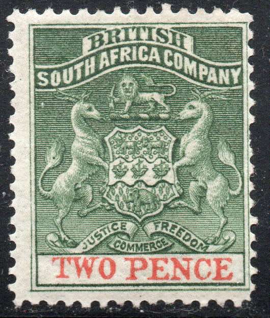 BSAC / RHODESIA 1892-4 SACC20 2d SEA GREEN & VERMILLION MM