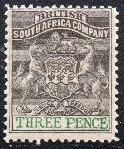 BSAC / RHODESIA 1892-4 SACC21 3d GREYISH BLACK & GREEN MM
