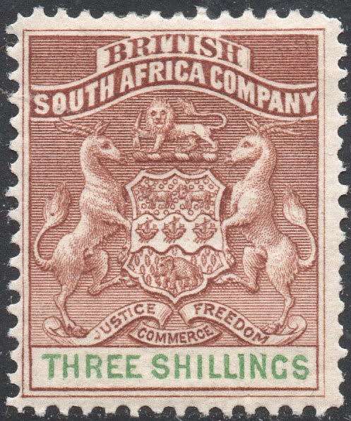 BSAC / RHODESIA 1892-4 SACC25 3/- BROWN & GREEN MM CV R5000
