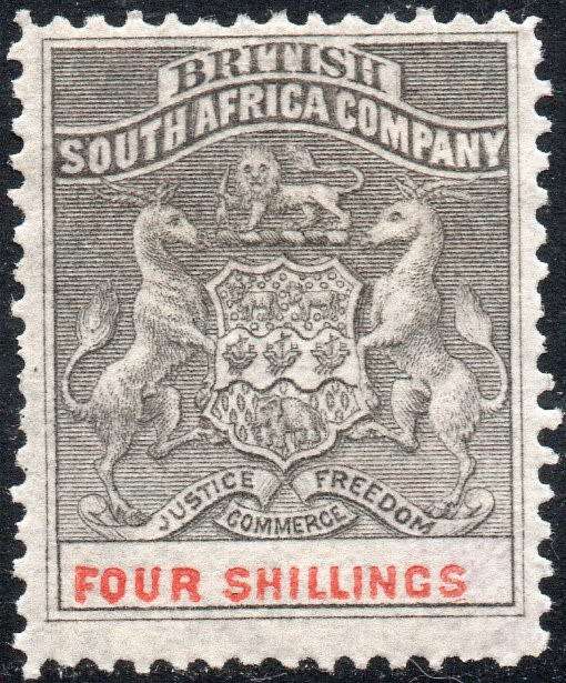 BSAC / RHODESIA 1892-4 SACC26 4/- GREYISH-BLACK & VERMILLION MM CV R1300
