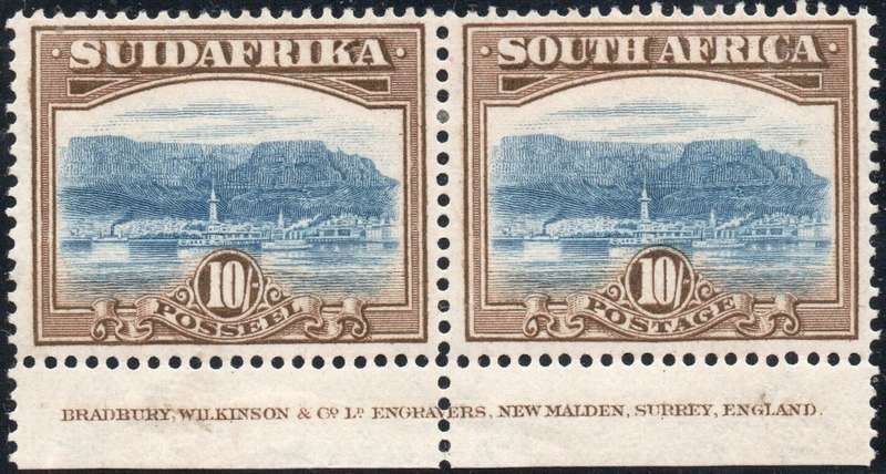 Union of SA - 1927 SACC39a 10/- Bright blue and Brown INSCRIPTIONAL PAIR PERF DOWN LMM -  CV R14000