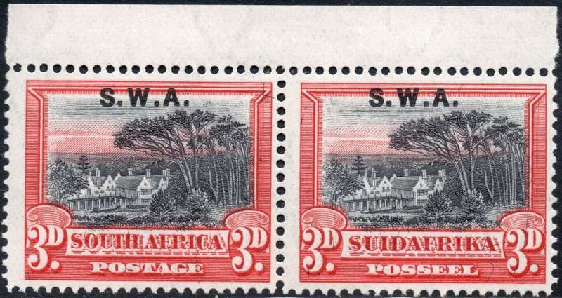 SWA 1927-30 SACC84a : 3d BLACK & RED MARGINAL PAIR, PERF DOWN - UM
