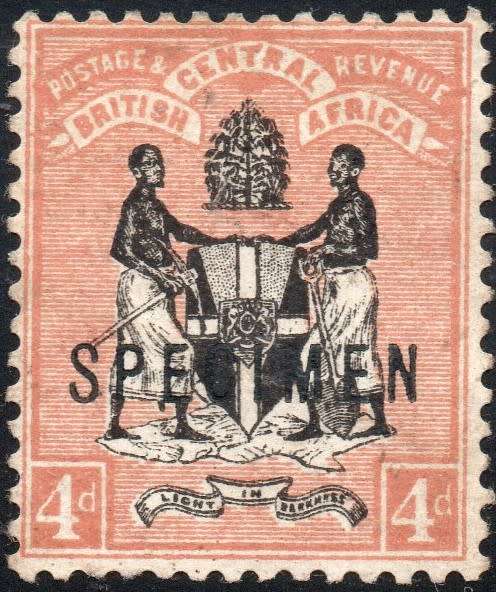 B.C.A.(Nyasaland): 1895 SG23s 4d BLACK & REDDISH BUFF  O/P `SPECIMEN` MM CV £50+