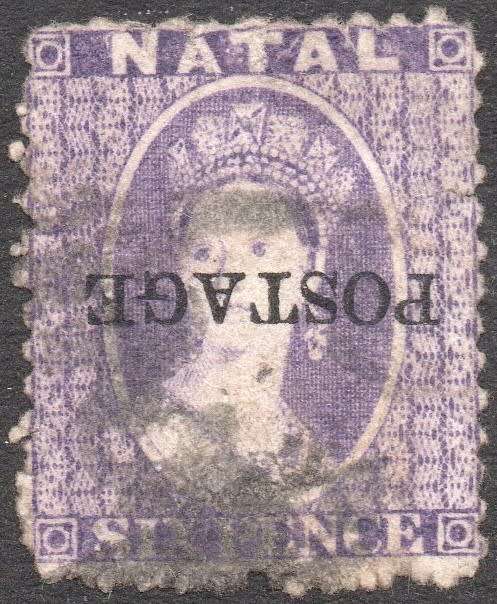 NATAL 1876 SACC82a 6d VIOLET - SURCHARGED INVERTED - FINE USED  - CV R3500