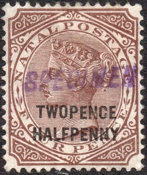 NATAL 1891 SG109s 2½d ON 4d BROWN - HANDSTAMPED ``SPECIMEN``- MM - CV £75+(2017)