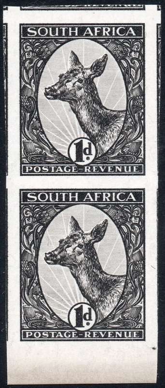 Union of SA - BOOYSENS ESSAY 1d IMPERF MARGINAL PAIR IN BLACK (PROOF) - UM - RARE