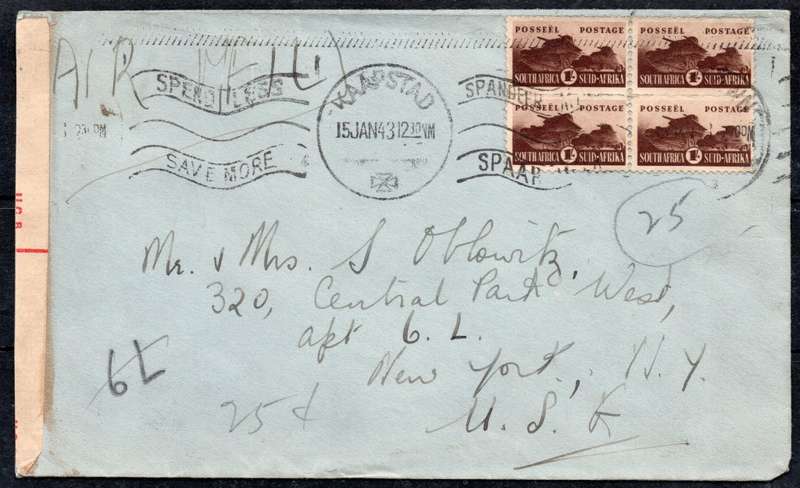 Union of SA 1943 Cover Muizenburg to New York, open by censor, tied by 1/- small wars BO4 -See Scans