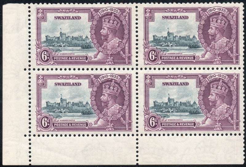 SWAZILAND 1935 SACC23/23a 6d SLATE & PURPLE CORNER MARGINAL BO4 WITH ` EXTRA FLAGSTAFF`` SEE SCANS