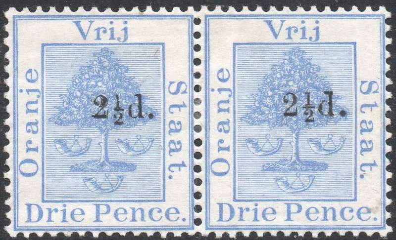 OFS 1896 SACC46 2½d on 3d ULTRAMARINE PAIR - O/P TYPE a - CV R340