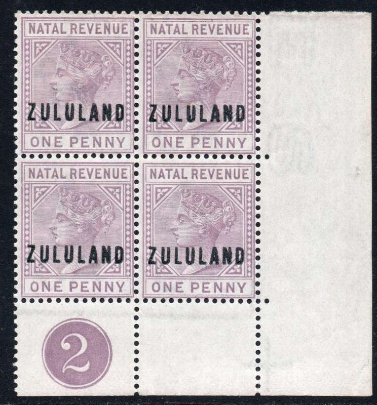 ZULULAND 1891 SACC24 1d MAUVE CORNER CONTROL BLOCK OF FOUR(#1)  UM - SCARCE