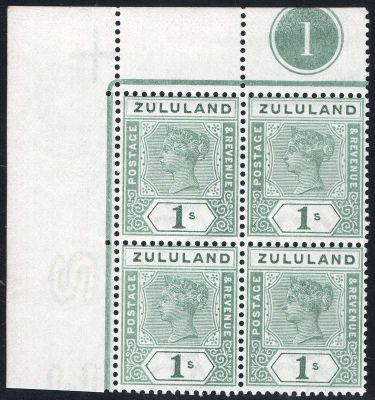 ZULULAND 1894-6 SACC19 1/- GREEN CORNER CONTROL BLOCK OF FOUR(#1)  UM - RARE MULTIPLE