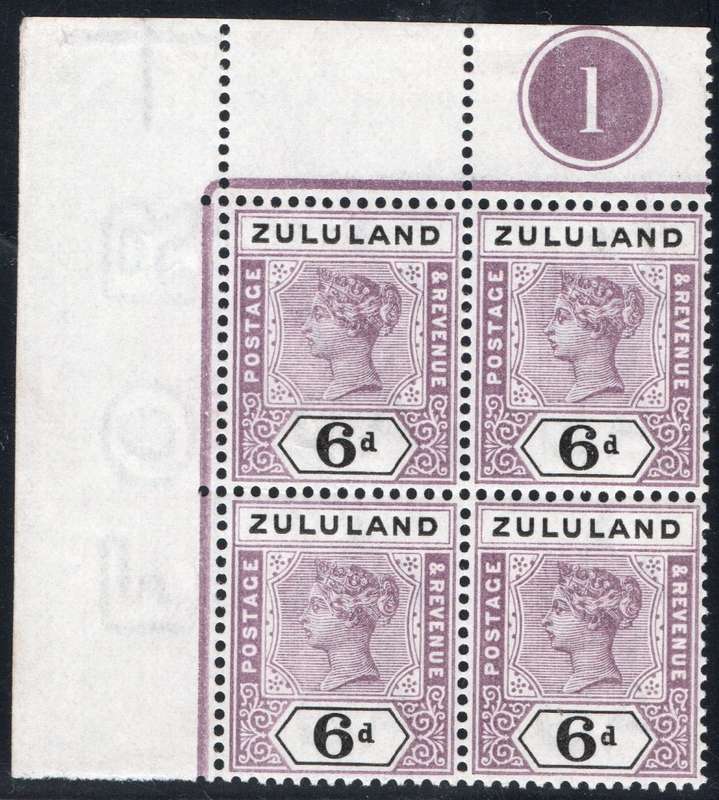 ZULULAND 1894-6 SACC18 6d MAUVE & BLACK CORNER CONTROL BLOCK OF FOUR(#1)  UM - RARE MULTIPLE
